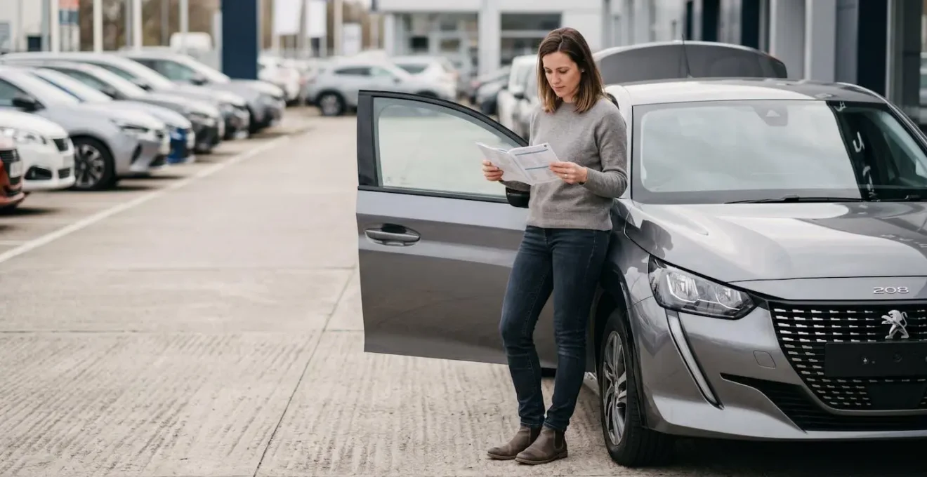 Femme trentenaire consultant le carnet d'entretien d'une Peugeot 208 grise sur un parking de concession, capot entrouvert, lumière naturelle